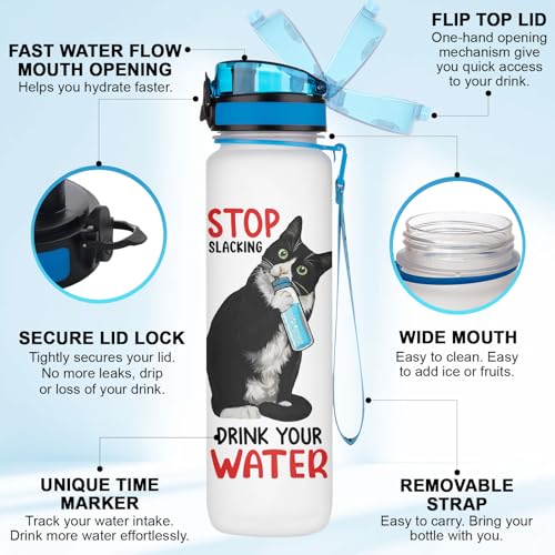 GEPOSTORE Funny Cat Hydration Water Bottle 32oz with Time Marker, Cute Cat Mom Gift for Women, Reusable Daily Motivation D...