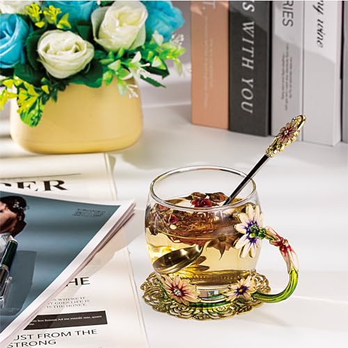 Flower Tea Cup ,Daisy Flower Clear Glass Fancy Coffee Cup with Spoon,Gift Box for Her Mom Wife Grandma Girls Friends Valen...