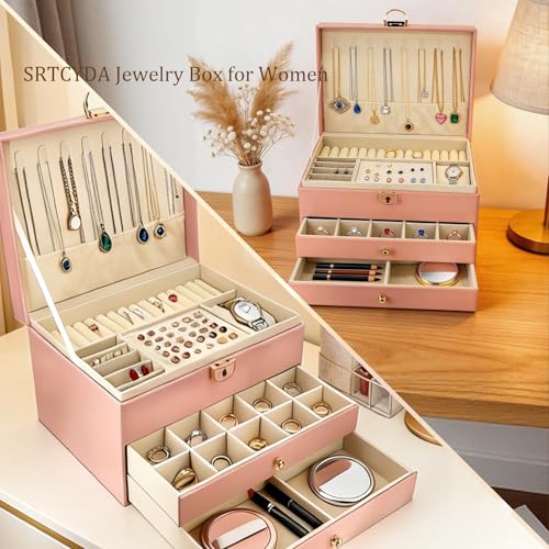 SRYTCYDA SRTCYDA Jewelry Box for Women, Large PU Leather jewelry organizers and storage, 3-Layer Jewelry Storage with 2 Dr...