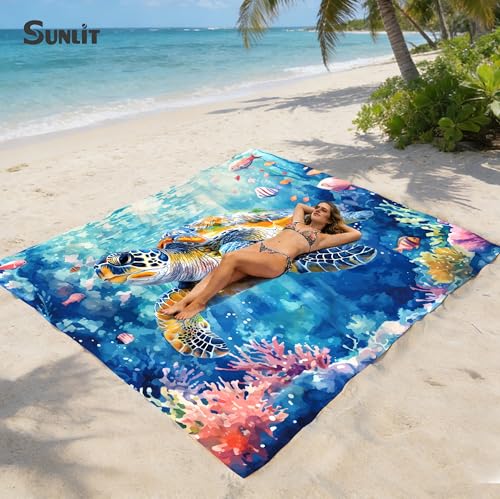 Sunlit Large Beach Blanket Waterproof Sand Proof, 81" x106" Sand Free Beach Mat with Anchored Pockets and Storage Bag, for...