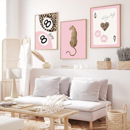 Lhoiplme Cheetah Trendy Wall Art Preppy Leopard Canvas Print Cheetah Room Wall Decor 8 Ball Poster Y2k Pink Coquette Luxur...