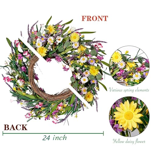 Sggvecsy Daisy and Lavender Wreath 24’’ Wildflower Wreath Spring and Summer Artificial Spring Silk Summer for Front Door H...