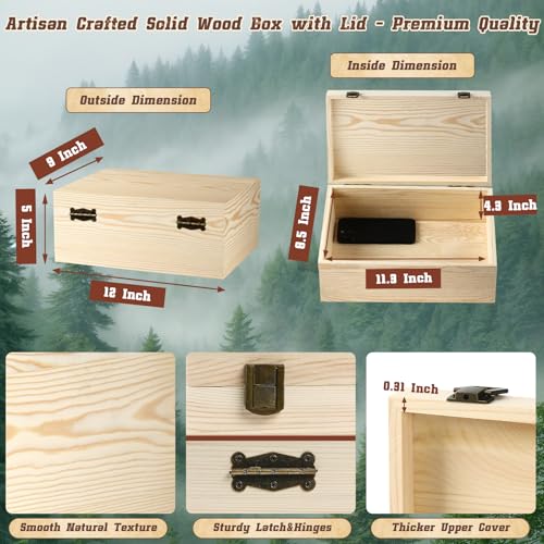 HIPNOOK Unfinished Wood Boxes Large Wooden Boxes with Hinged Lid – 12 x 9x5 Inch Keepsake Box-Memory Box for Crafts, Stora...