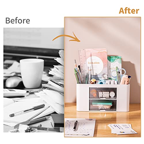 Marbrasse Pen Organizer with 2 Drawer, Multi-Functional Pencil Holder for Desk, Desk Organizers and Accessories with 5 Com...