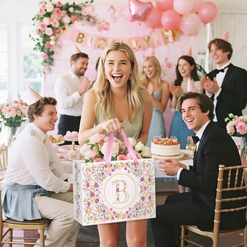 Loveinside 13" Large Floral Monogram Letter B Gift Bag, Personalized Alphabet Flower Initial Gift Bag with Tissue Paper fo...