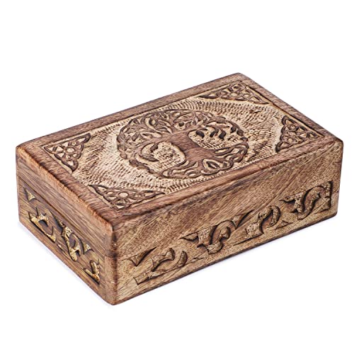 Ajuny Wooden Jewelry Box - Hand Carved Mango Wood Tree of Life Celtic Carving Decorative Multipurpose Keepsake Box, Treasu...
