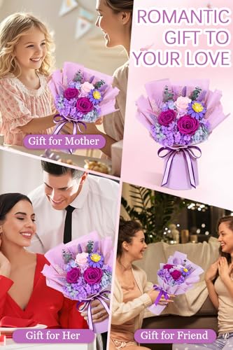 Yastouay Preserved Flowers for Delivery, Last 1-3 Years Flowers Bouquet, Purple Rose Forever Flowers with Gifts Box, Birth...