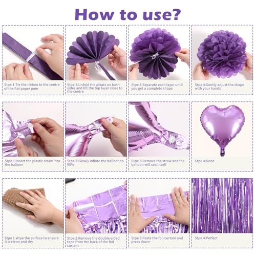 Purple Birthday Decorations for Women, Happy Birthday Party Decorations, Happy Birthday Banner, Purple Balloons, Foil Frin...