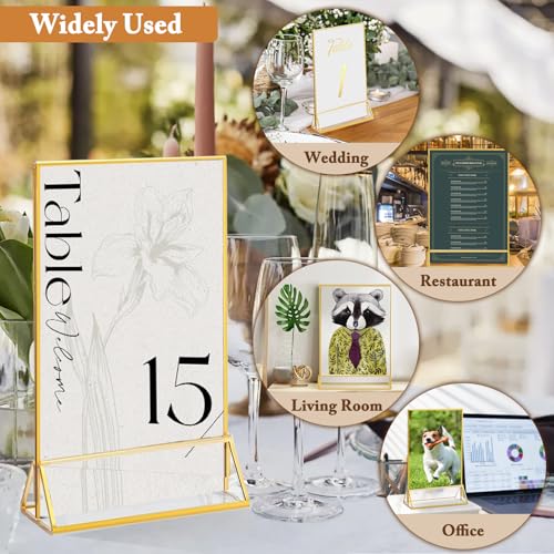Floroom 6 Pack 5x7 Inch Clear Acrylic Sign Holders, Double-Sided Gold Display Stand Picture Frames for Table Numbers, Menu...