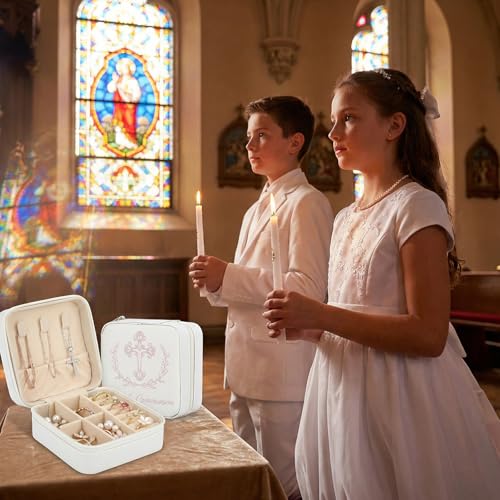 2PCS First Communion Gifts Travel Jewelry Box, 3.94x3.94x1.97 in White PU Leather Case, Religious Cross Flower Jewelry Cas...