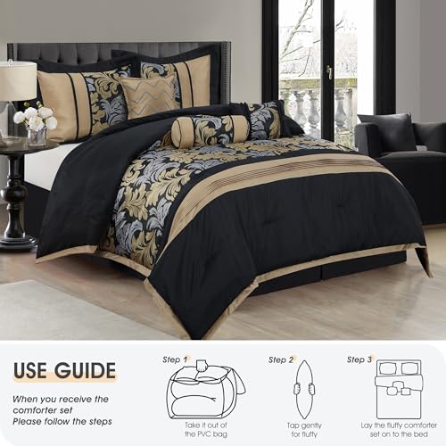 LANCO MODERN LIFESTYLE Black Gold Queen Comforter Set, 7 Piece, Gorgeous Floral Jacquard with Piecework, Soft for All Seas...