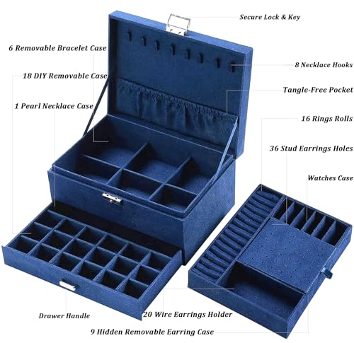 QBestry 3-Layer Jewelry Box for Women with Lock and Key & Drawer, Large Jewelry Organizer with 8 Necklace Hooks & 56 Earri...