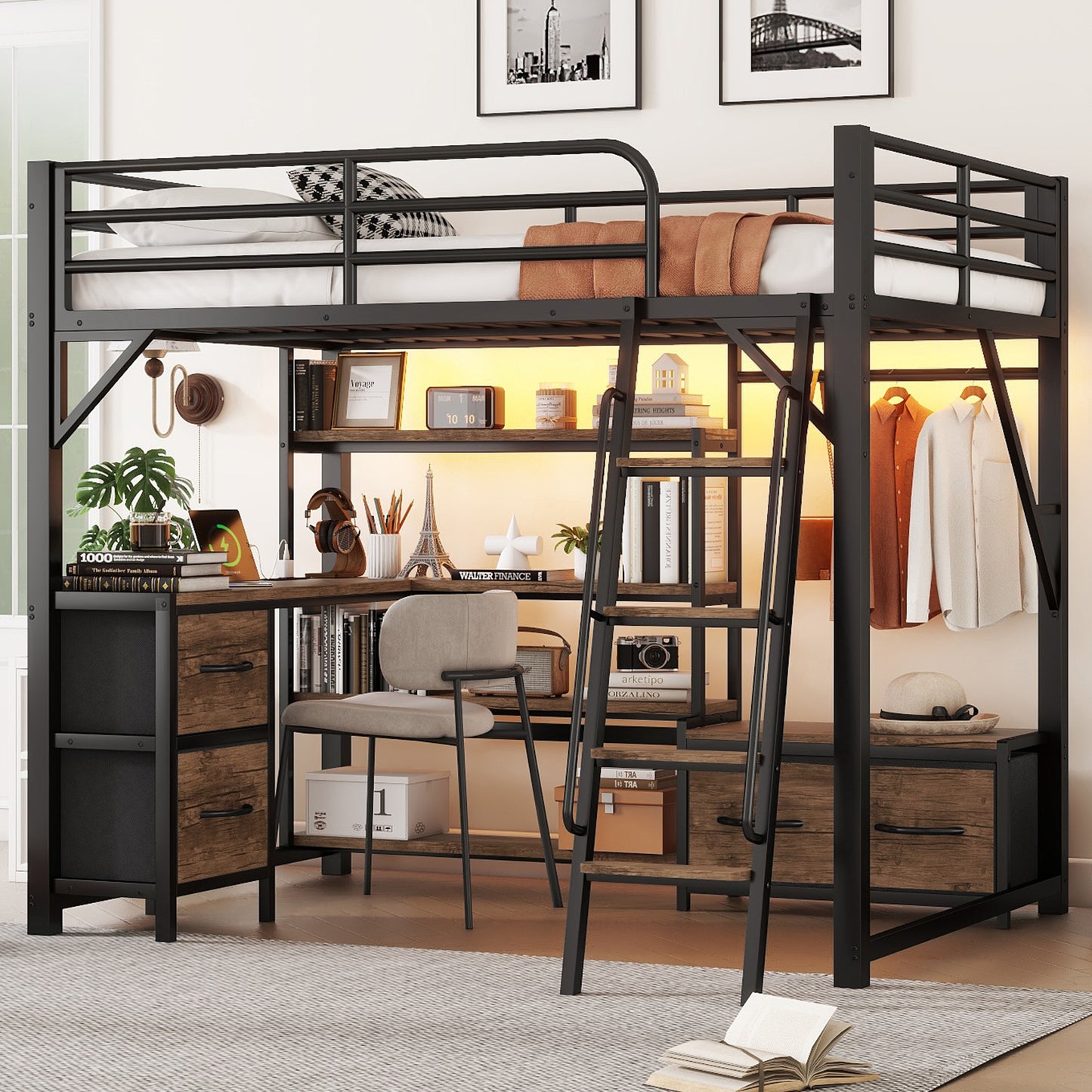 Full Size Loft Bed With Desk And Light, Metal Loft Bed With Storage Shelves, Wardrobe And Drawers For Boys GirlsOld SKU W2593S00032
