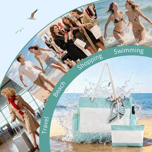 TAOZIM Beach Tote with Cosmetic Bag, Waterproof Canvas Beach Bag w/Ribbon Personalized for Women Birthday Travel Essential
