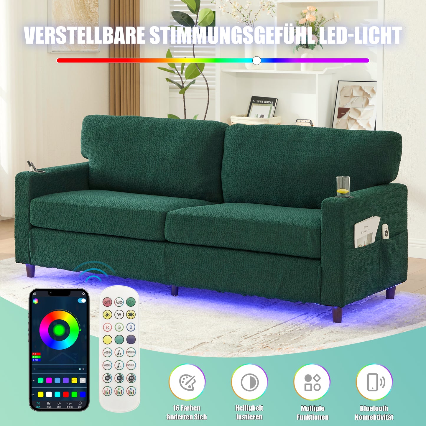Modern 2-person Chenille Sofa With USB-C, LED Ambiance, Cup Holders And Side Pockets. Wood Metal Frame With Comfort Foam. Ideal For Living Room, Bedroom Or Office. Emerald