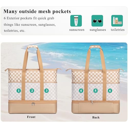 Octsky Beach Bags with Cooler Women Beach Tote Bag Waterproof Sandproof Zipper Large Pool Bag 9 Pockets