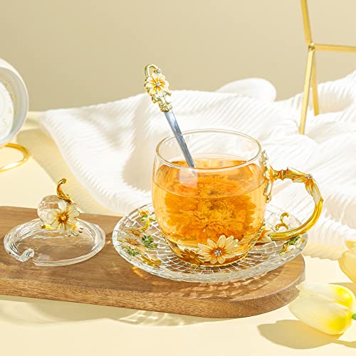 LANTREE Floral Yellow 12oz Hand Painted Glass Teacup with Lid, Spoon & Saucer - Gift for Mom, Teacher, Lovers - Christmas,...