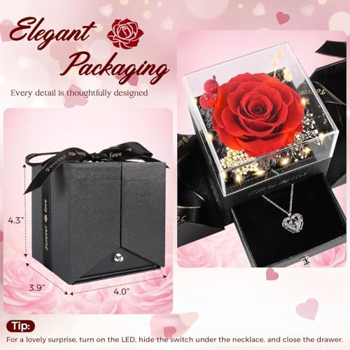 TranquilBliss Gifts for Mom, Preserved Real Red Rose Gift Box with Heart Necklace,“I Love You” in 100 Languages, I Love Yo...