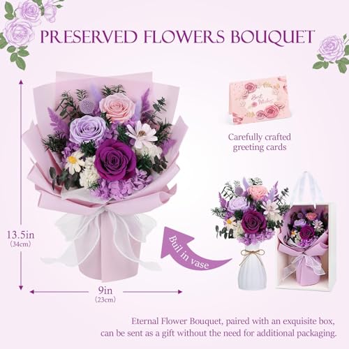 Flowers for Delivery Prime Preserved Flowers Bouquet with Vase That Last 3-5 Years Real Forever Flowers Purple Rose Bouque...