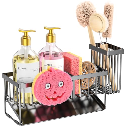 Sponge Holder for Kitchen Sink,Smiley Face Sink Caddy with Removable Brush Holder,Self-Draining Sponge Caddy for Sponge,So...