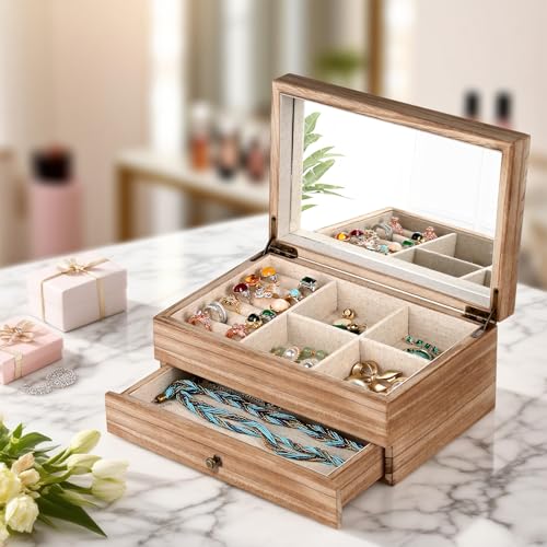 Meangood Jewelry Box Organizer for Women, 2 Layer Large Jewelry Storage Case, Rustic Wooden Jewelry Box with Mirror & Ring...