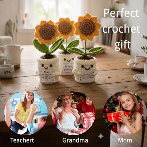 Positive Crochet Sunflower Gift Set of 3 with Message Cards – Emotional Support Handmade Flower, Thank You Appreciation Fa...