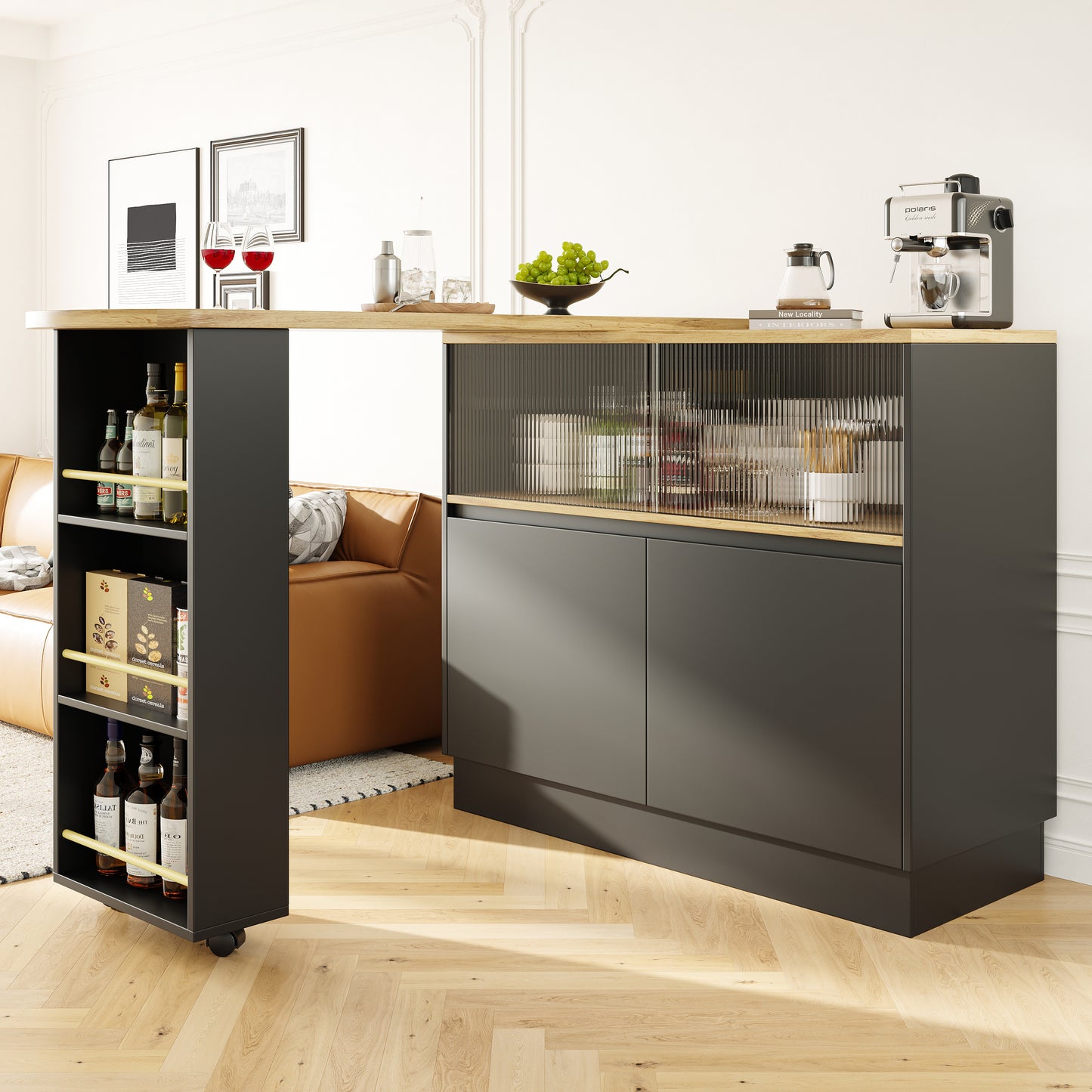 360 Swivelling Dining Bar Main Body 90 X 45 X 100 Cm , Black, Modern, Simple, Multifunctional, Swivelling Sideboard With Shelves And Glass, Suitable For Kitchens And Restaurants