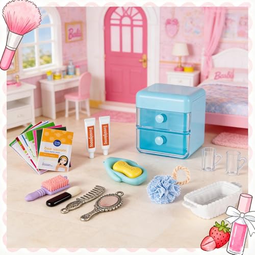 72Pcs Dollhouse Mini Jewelry Storage Case Handbag Towel Cosmetic Set Bathroom Acessories Toothbrush Shampoo Perfume Hair D...
