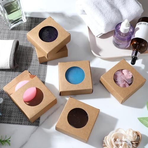 Caeuiciw 120 Pcs Soap Boxes for Homemade, 3 x 3 x 1.2 Inch Small Paper Gift Packaging Boxes with Window, Gift Wrappers for...