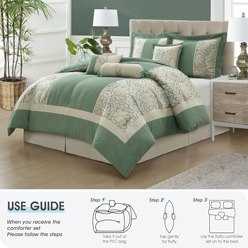 LANCO MODERN LIFESTYLE 7 Piece King Size Comforter Set, Green, Elegant Floral Jacquard, Stylish and Cozy Bedding Collectio...