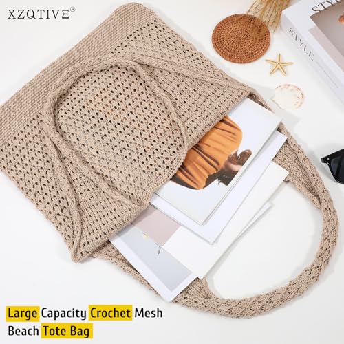 XZQTIVE Crochet Tote Bag for Women Mesh Beach bag for Summer Vacation Aesthetic Hobo Knit Shoulder Bag