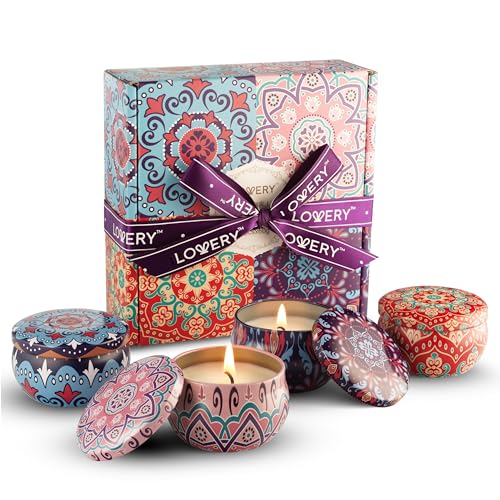 LOVERY 4 Pack Soy Candle Gift Set, Scented Candles, 10% Essential Oil Aromatherapy, 120h Burning, Stress Relief Gifts for ...