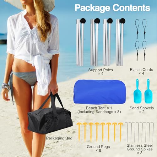 Rhino Valley Beach Tent Shade Canopy UPF50+ Protection, 8 Sandbags, 4 Stability Poles, Outdoor Sun Shelter Umbrella for Sa...