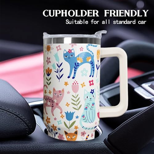 Ceovfoi 40 Oz Cat Tumbler With Handle, Coffee Travel Mug Cup Water Bottle, Cat Decor, Gifts for Women