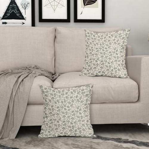 Kawani Daisy Floral Block Print Pillow Covers 18X18 Inch Gray Grey Beige Flowers Decorative Square Pillow Cases Set of 2 F...
