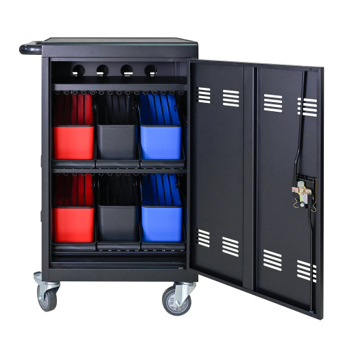 Tablet Laptop 32-bit-Plastic Device Basket Device For Mobile Charging Trolley- Includes Cable Management Dividers, Cable Clips, Storage Compartment, And Removable Doors Black