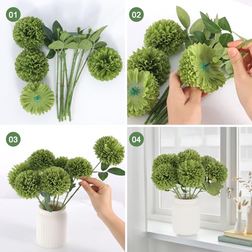 Hananona 12 Pcs Artificial Chrysanthemums Flowers Ball Flower, Fake Mums Flowers Green Silk Flowers for Home Decor Indoor ...