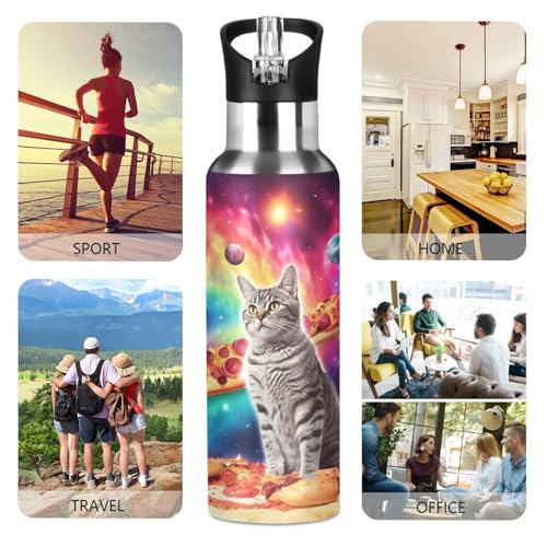 Cat Pizza Planets Space Water Bottle with Straw Lid Kids Insulated Stainless Steel Water Flask Sports, 20 Oz Hot Cold