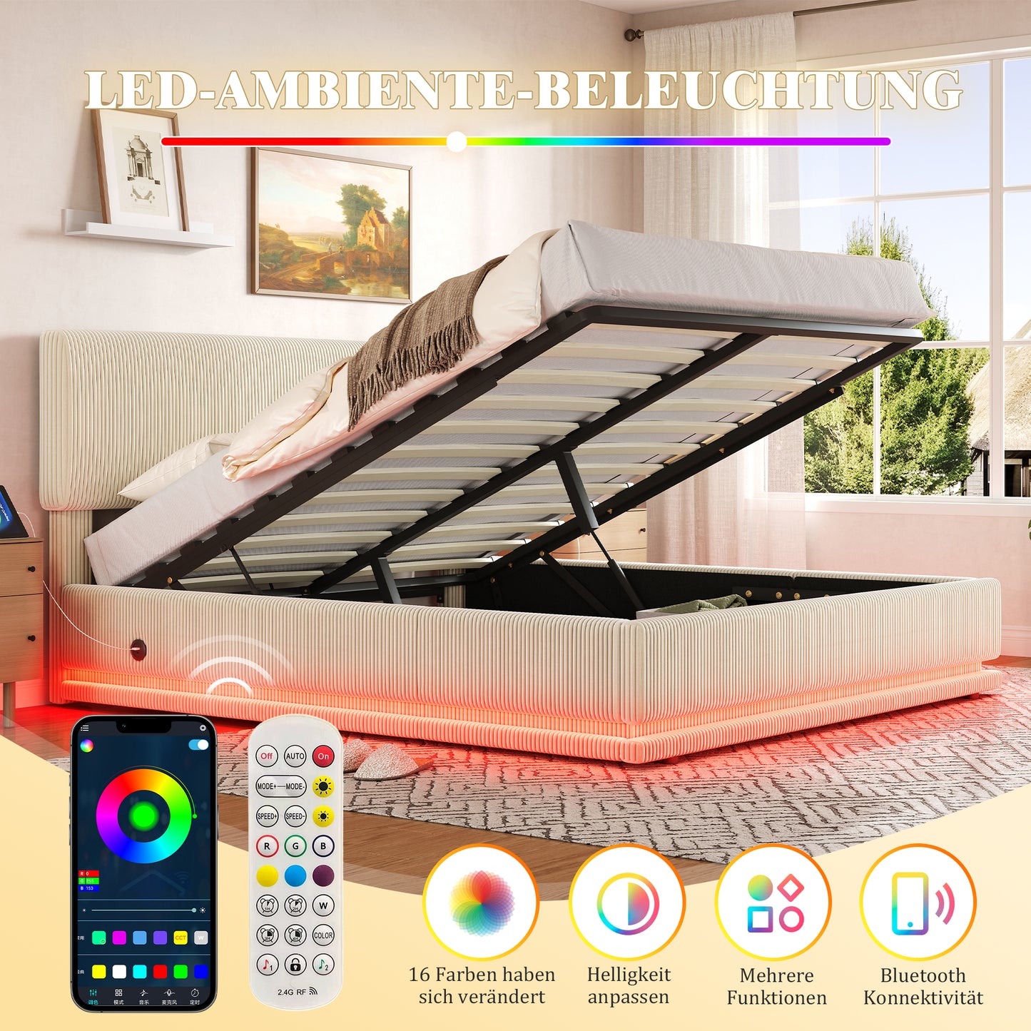 Modern Upholstered Beds With LED Lighting And USB-C Charging Function, Height-adjustable Headboard, Corduroy Fabric, Sturdy Slatted Frame, Large Underblanket Storage Space And Comfortable Upholstered