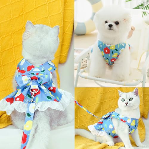 Anelekor Floral Dog Harness and Leash Set - Bow Knot Girl Puppy Princess Skirt with D-Ring Mesh Summer Pet Clothes for Cat...