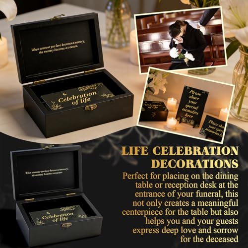 Celebration of Life Memory Box Set with 100Pcs Share a Memory Cards for Funeral and 6 Pens, 2 Wood Sign, Memorial Decorati...