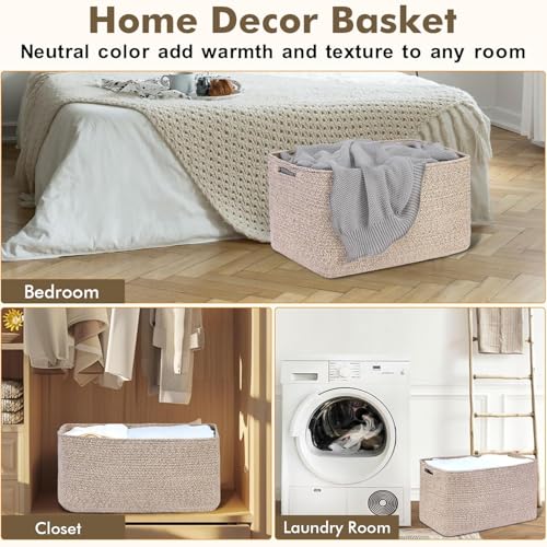Optish 75L Large Blanket Basket, Woven Storage Baskets with Reinforced Handles, Rope Laundry Basket for Living Room, Bedro...