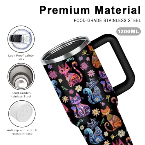 WWHSAI Cat Gifts for Women Cats Tumbler with Handle 40Oz Christmas Birthday Flowers & Elegance Cats Gift for Cat Lover Owner