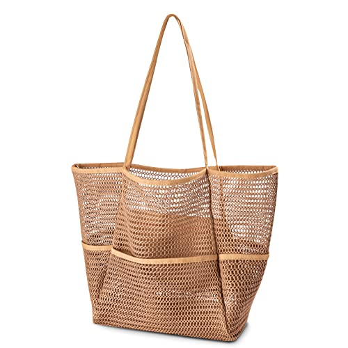 Iioscre Beach Bag for Women, Causal Hobo Pool Bags with Zipper Inner Pocket, Foldable Swim Tote Bag for Vacation Essentials