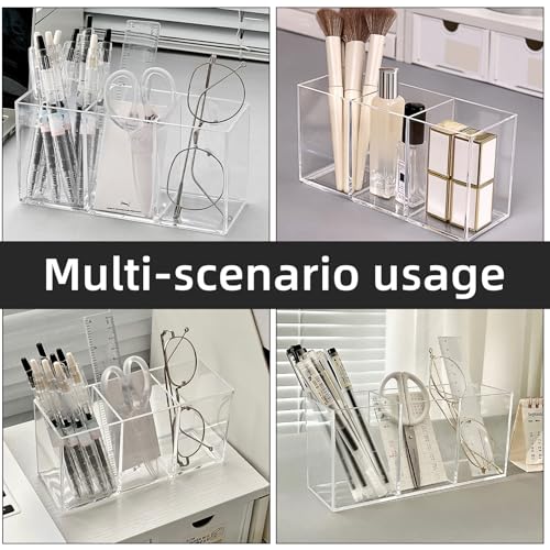 eieioo Acrylic Makeup Brush Holder, 2 Pack Clear Pencil Holder, Desk Accessories Holder with 3 Compartments, Brush Organiz...