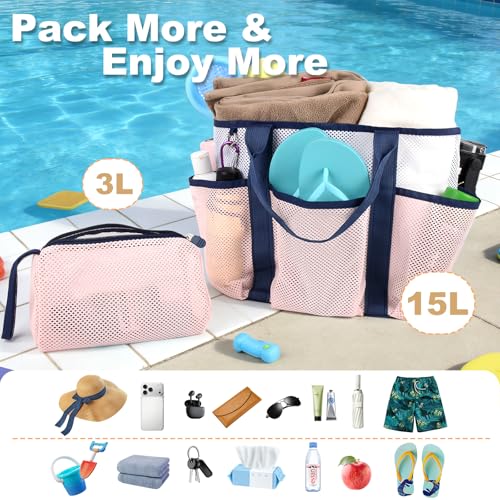 CaCTOUR Beach Bag with Cooler,Mesh Beach Bag for Women Cruise Pool,Packable Sandproof Travel Tote Bag with 8 Pockets