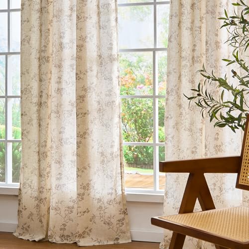 Lazzzy Taupe Floral Linen Curtains 84 Inch Farmhouse Curtain Back Tab Drapes for Living Room Bedroom Light Filtering Vinta...