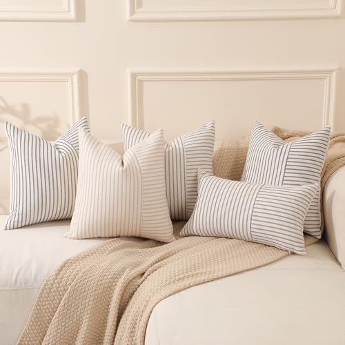 Hckot Farmhouse Pillow Covers 12x20, Lumbar Throw Pillow Covers Set of 2, Black Striped Patchwork Linen Decorative Pillows...