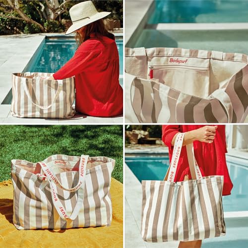 Bodysurf Canvas Tote Bag, Striped Heavy-Duty Beach & Pool Tote for Women with Zippered Pocket, Lightweight Boat Bag Carrya...