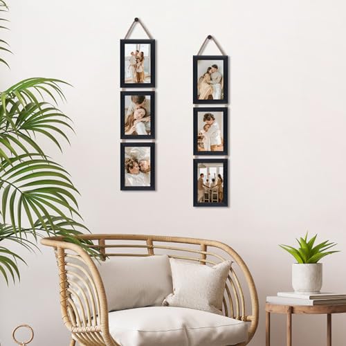 QUTREY 4x6 Picture Frames Collage Black, 3 Openings 4 x 6 Vertical Hanging Photo Frames Display 4 by 6 inch Pictures for W...